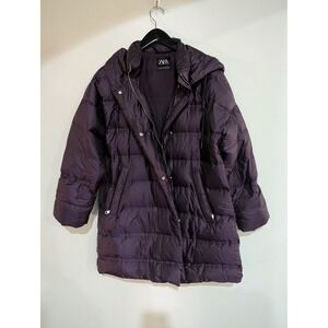 Zara Down Puffer Jacket Small Deep Purple 60/40 Feather Water Repellent Hooded